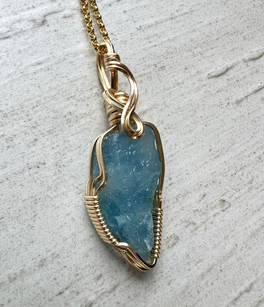 Aquamarine Gold Vermeil Wire Wrapped Reiki Charged Pendant II