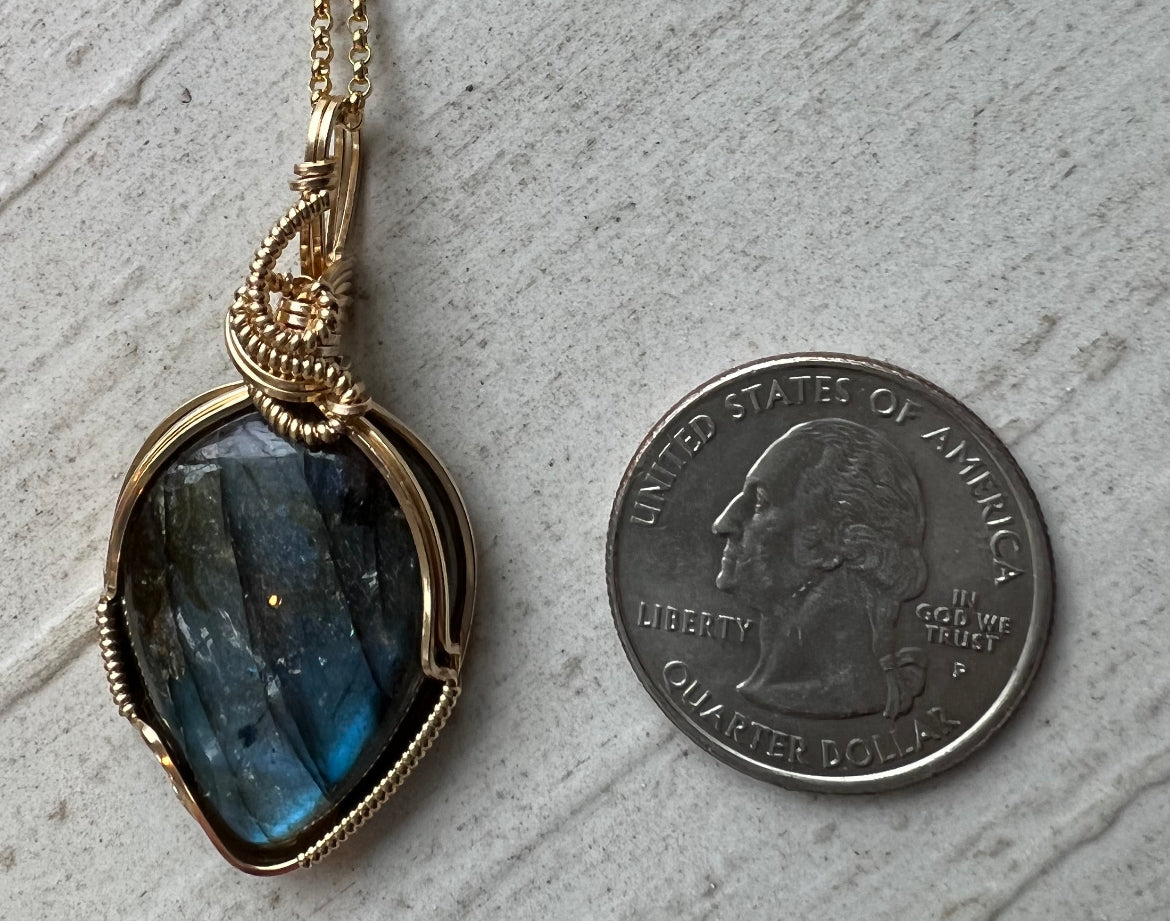 Labradorite Gold Vermeil Wire Wrapped Reiki Charged Pendant I